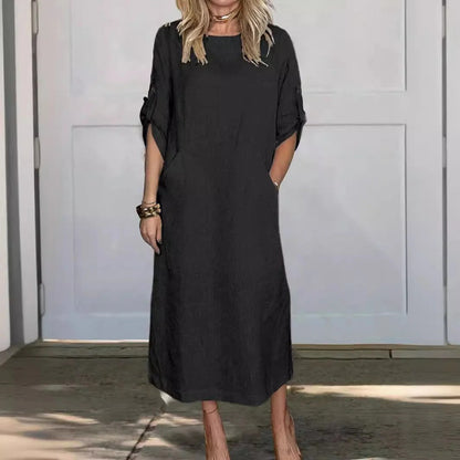 Women’s Midi Dress – Relaxed Fit – Long Sleeve Cotton – Side Pockets – Casual Style