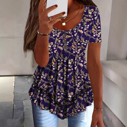 Women’s Blouse – Relaxed Fit – Cotton Blend – Ruffle Hem – Button Front – Floral Print