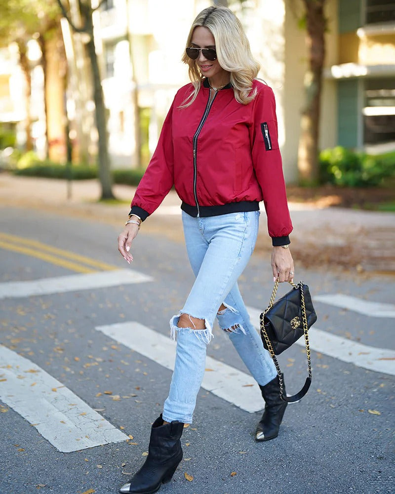 Women’s Bomber Jacket – Relaxed Fit – Wind-Resistant – Zip Front Casual
