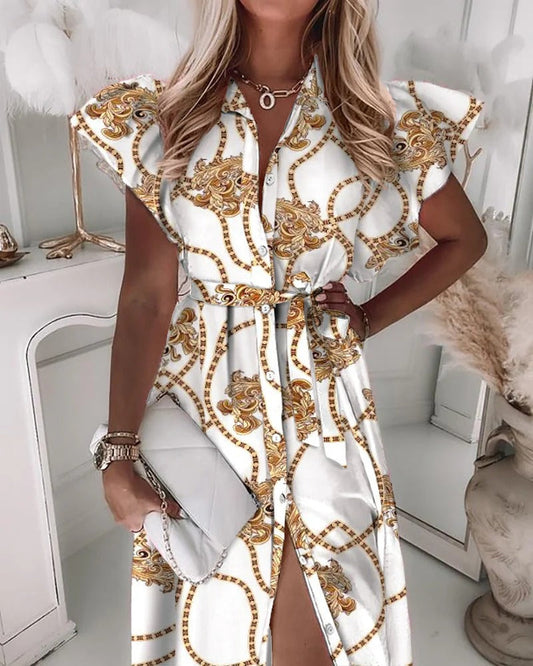 Women’s Shirt Dress – Silk – Chain Pattern – Belted Midi Fit – Voluminous Sleeves
