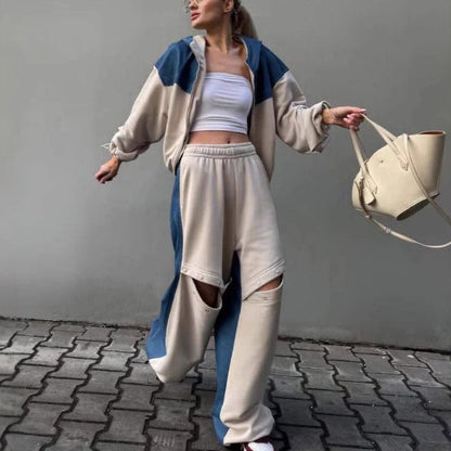 Women’s Loungewear Set – Cropped Hoodie – Wide Leg Pants – Cotton Blend – Relaxed Fit