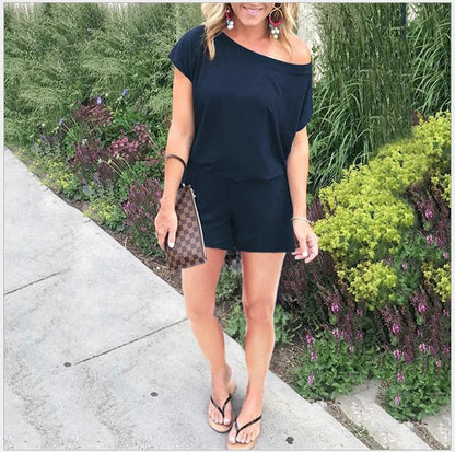 Women’s Romper – Relaxed Fit – Off-Shoulder – Short Sleeve Cotton Blend Casual Wear