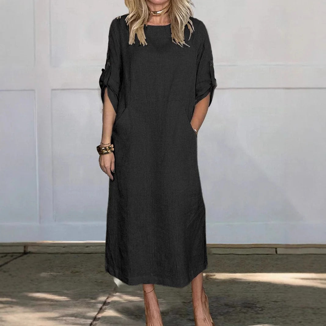 Women’s Midi Dress - Relaxed Flowing Silhouette - Roll-Tab Sleeves - Side Pockets