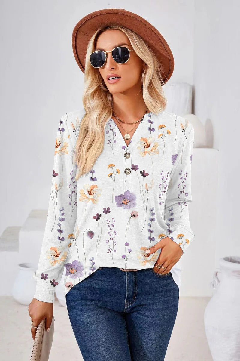 Women's Blouse - Relaxed Fit - V-Neck - Long Sleeve - Floral - Button Detail