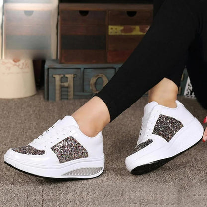 Women’s Sneakers – Platform Sole – Glitter and Gloss Finish – Low-Top Lace-Up Casual