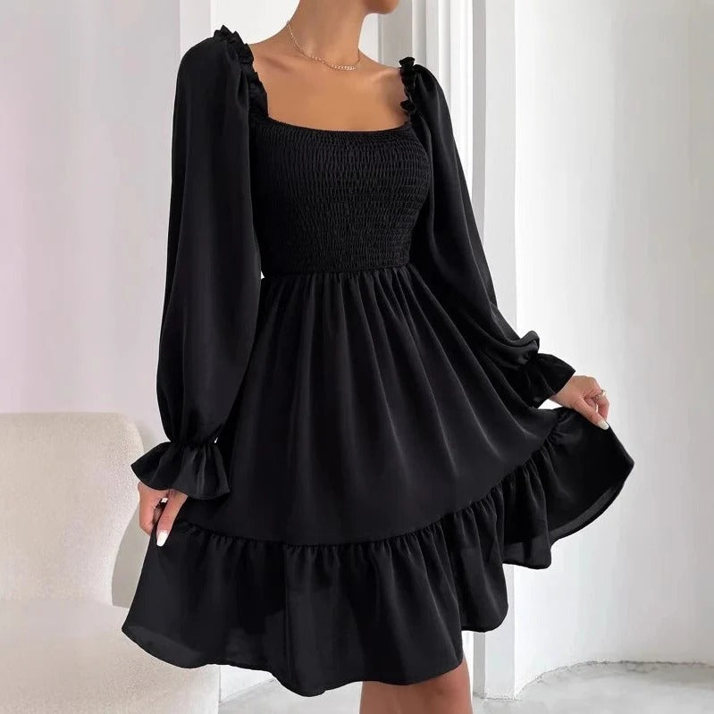 Women’s Mini Dress - Smooth Fabric - Square Neck - Puff Long Sleeves - Smocked Bodice