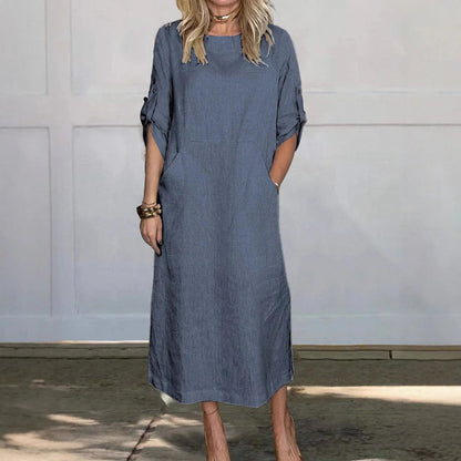 Women’s Midi Dress - Relaxed Flowing Silhouette - Roll-Tab Sleeves - Side Pockets