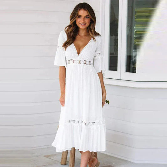 Women’s Midi Dress – Cotton – V-Neck – Crochet Trim – Flowy Fit – Tiered Hem