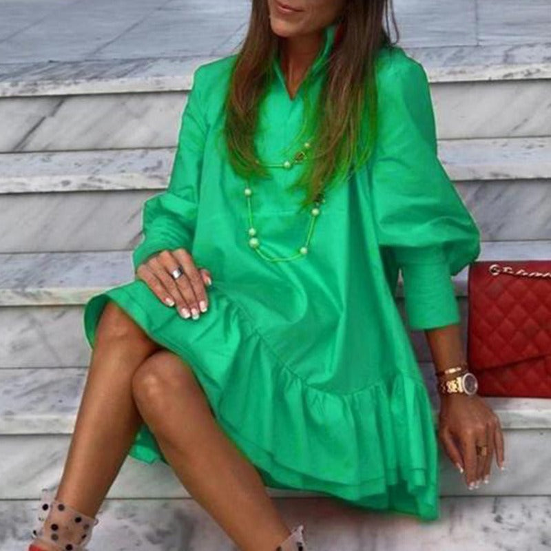 Women’s Mini Dress – Cotton Blend – Relaxed Fit – Long Sleeve – Ruffle Hem