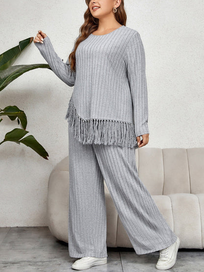 Women’s Lounge Set – Ribbed Knit – Oversized Fringe Hem Top – Wide Leg Pants