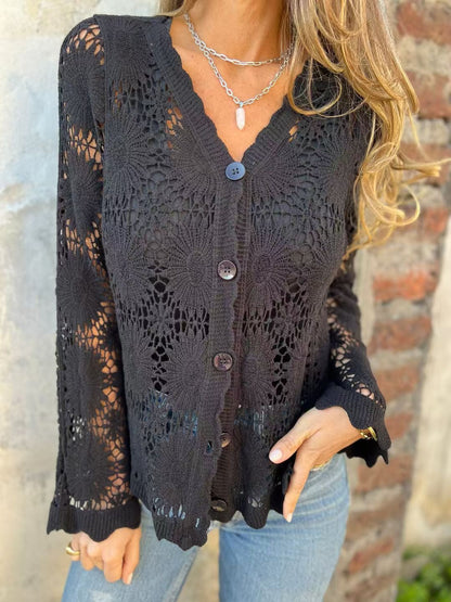 Women’s Lace Top – V-Neck – Button Down – Floral Pattern – Long Sleeve – Relaxed Fit