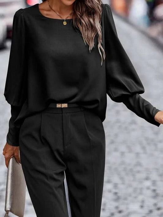 Women’s Blouse – Satin Look – Relaxed Fit – Puff Sleeve – Button Front – Hip Length