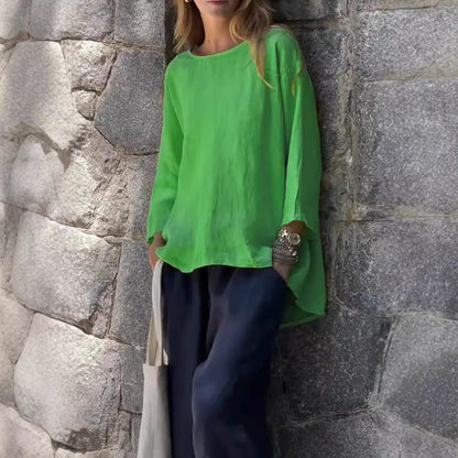 Women’s Casual Top - Cotton Linen - Relaxed Fit - Boat Neck - Asymmetrical Hem