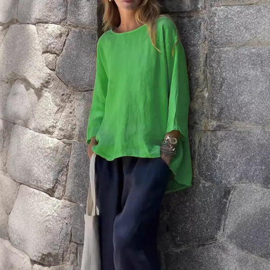 Women’s Casual Top - Cotton Linen - Relaxed Fit - Boat Neck - Asymmetrical Hem