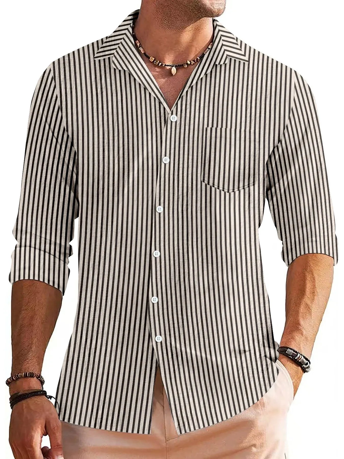 Men’s Button-Down Shirt – Cotton Blend – Regular Fit – Striped Long Sleeve Casual