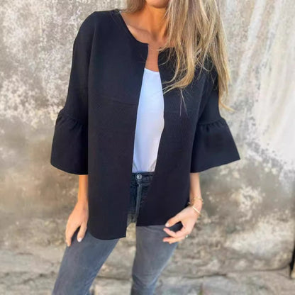 Women's Cropped Cardigan - Knit - Relaxed Fit - Three-Quarter Puff Sleeve - Open Front