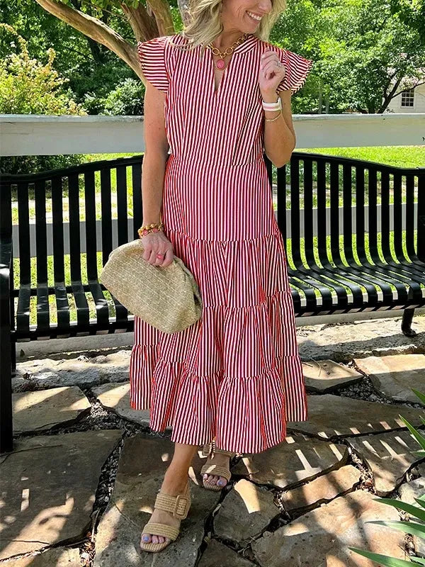 Women’s Midi Dress – Cotton – Relaxed Fit – V-Neck – Striped Tiered Skirt – Flying Sleeves