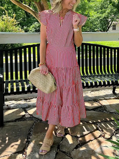 Women’s Midi Dress – Cotton – Relaxed Fit – V-Neck – Striped Tiered Skirt – Flying Sleeves
