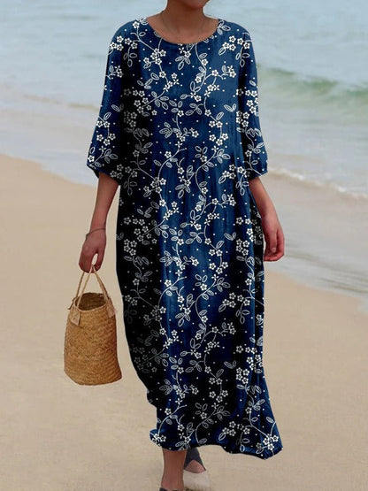 Women’s Midi Dress – Loose Fit – Cotton Blend – Long Sleeve – Retro Floral Print