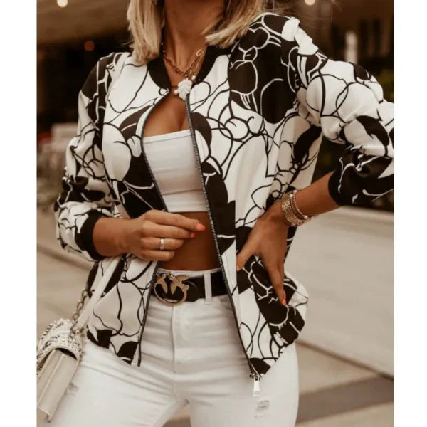 Women’s Cropped Jacket – Slim Fit – Bold Leaf Print – Zip Front – Ribbed Trim