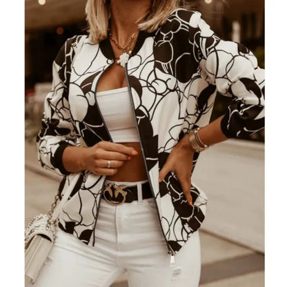 Women’s Cropped Jacket – Slim Fit – Bold Leaf Print – Zip Front – Ribbed Trim