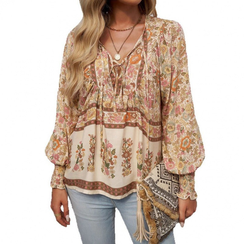 Women’s Blouse – Flowy Fit – Bohemian Print – V-Neck with Tie – Long Puff Sleeves