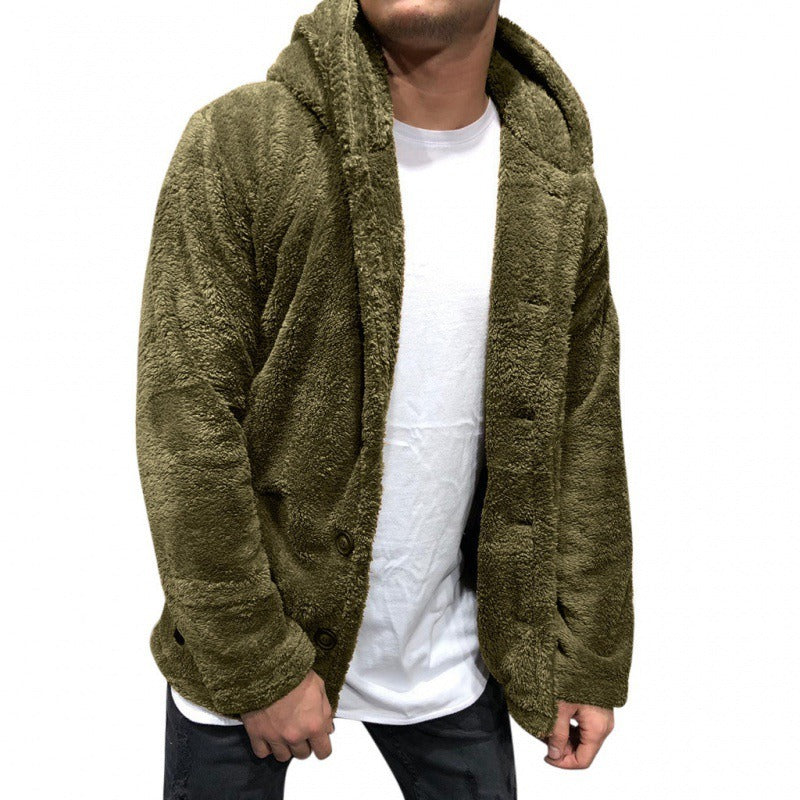 Men’s Hooded Jacket – Fleece Feel – Relaxed Fit – Button Front Casual Layer