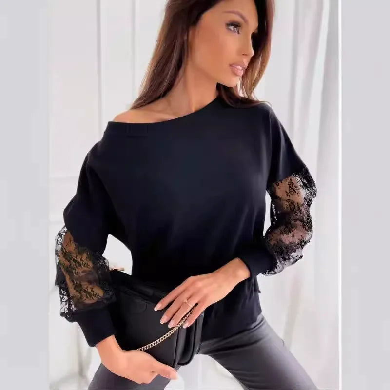 Women’s Long Sleeve T-shirt – Relaxed Fit – Soft Knit – Lace Sleeve Panels