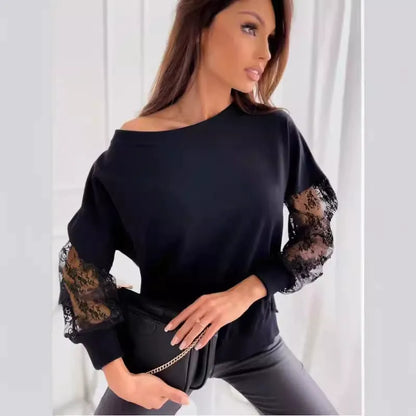 Women’s Long Sleeve T-shirt – Relaxed Fit – Soft Knit – Lace Sleeve Panels