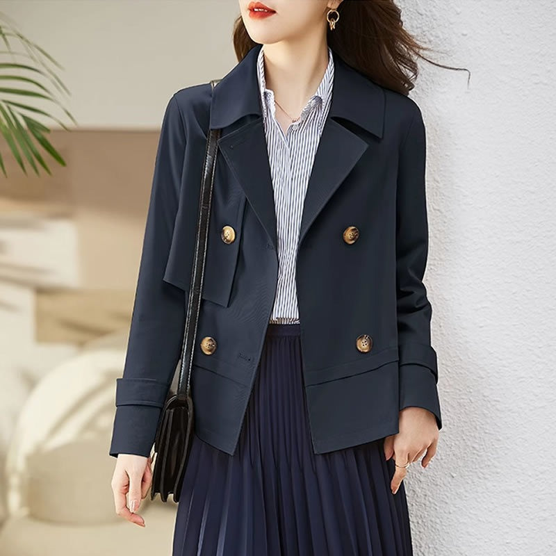 Women’s Cropped Relaxed Fit Jacket - Woven Cotton Blend - Double Breasted - Notch Lapel