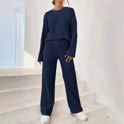 Women’s Loungewear Set – Ribbed Knit – Relaxed Fit Pullover – Full-Length Pants