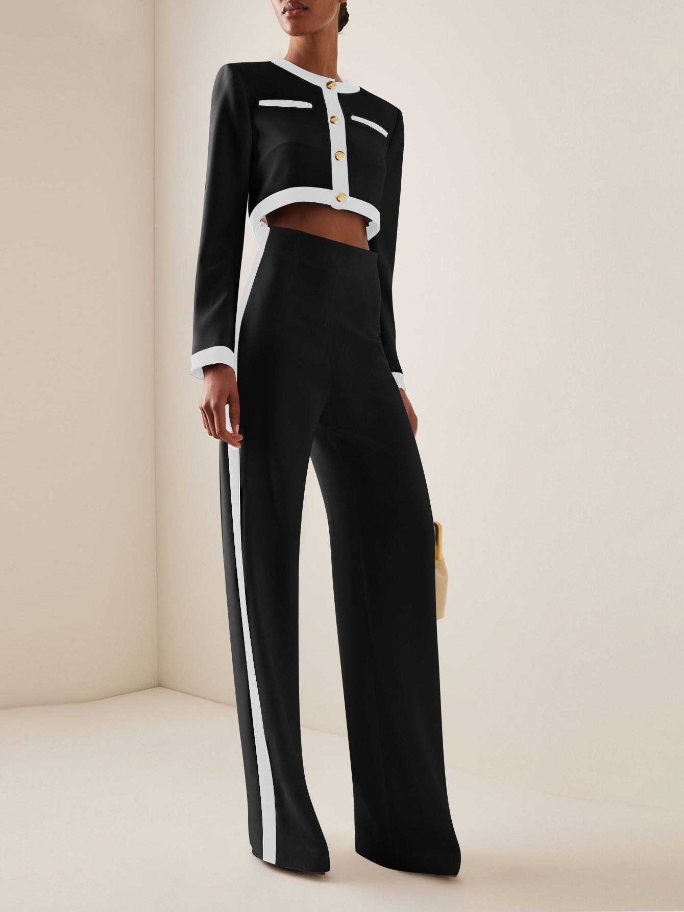 Women’s Pantsuit Set – Cropped Blazer – High Waist Wide Leg – Contrast Trim – Tailored Fit