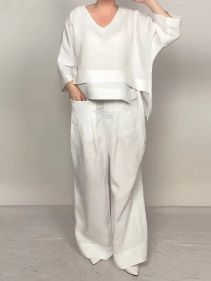 Women’s Two-Piece Set – Oversized V-Neck Top – Wide-Leg High-Waist Pants – Cotton Linen