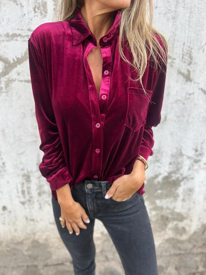 Women’s Velvet Shirt – Loose Fit – Long Sleeve – Single-Breasted Casual Style