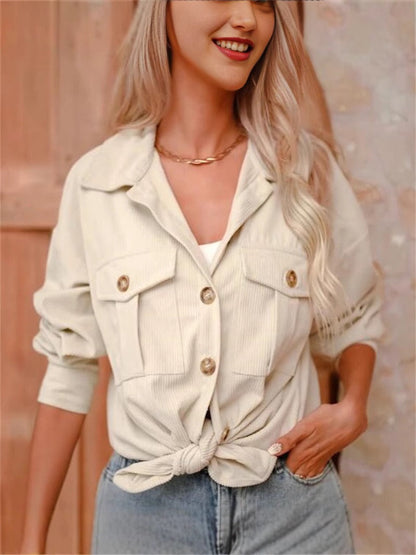 Women’s Corduroy Coat – Loose Fit – Button Front – Long Sleeve Casual Style