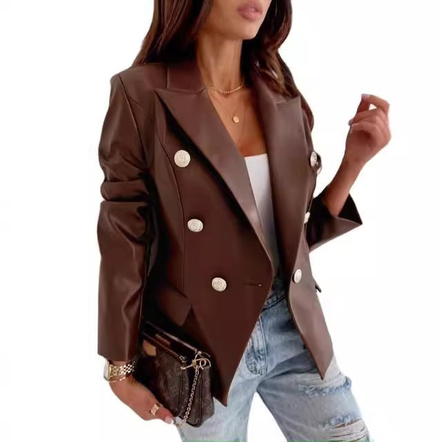 Women’s Blazer – Faux Leather – Double-Breasted – Tailored Fit – Long Sleeve