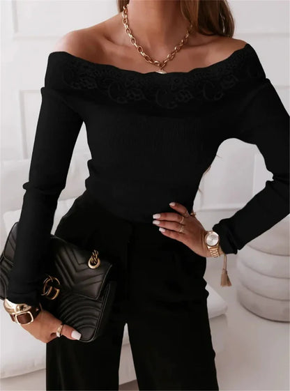 Women’s Off-Shoulder Top – Slim Fit – Lace Neckline – Ribbed Knit – Long Sleeve