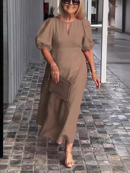 Women’s Midi Dress – Loose Fit – Puff Sleeves – Cotton – Round Neck Keyhole