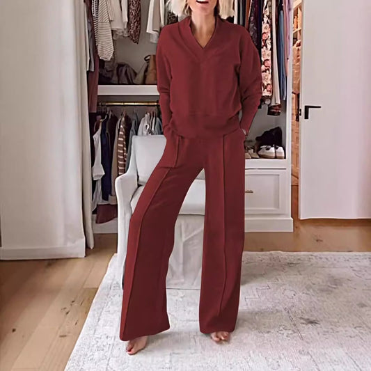Women’s Two-Piece Set – V-Neck Long Sleeve Top – High Waist Wide-Leg Pants – Knit Fabric
