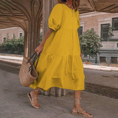 Women’s Midi Dress – Cotton Blend – A-Line Fit – V-Neck Puff Sleeve Boho Style