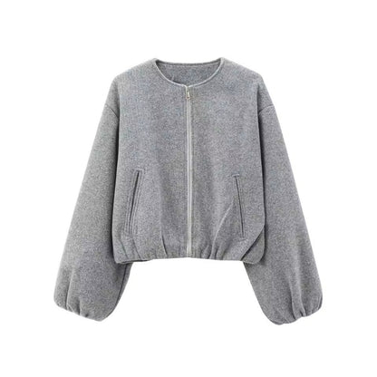 Women’s Bomber Jacket – Cropped Relaxed Fit – Soft Touch – Zip Front – Balloon Sleeves