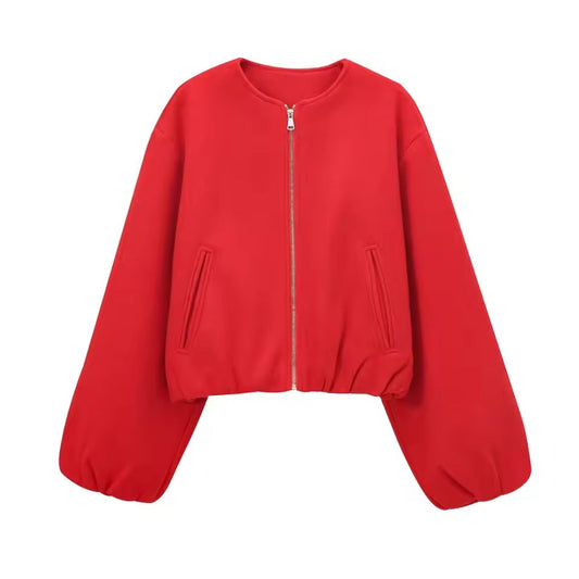 Women’s Bomber Jacket – Cropped Relaxed Fit – Soft Touch – Zip Front – Balloon Sleeves