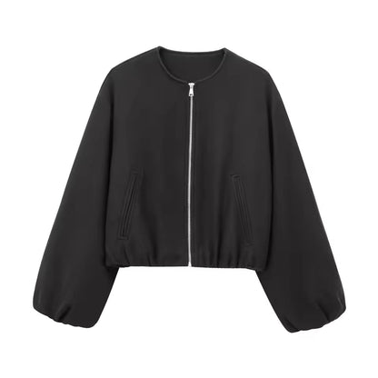 Women’s Bomber Jacket – Cropped Relaxed Fit – Soft Touch – Zip Front – Balloon Sleeves
