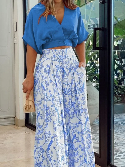 Women’s Two-Piece Set – Relaxed Fit Top with Dolman Sleeves – Wide-Leg Pleated Pants – Breathable Blend