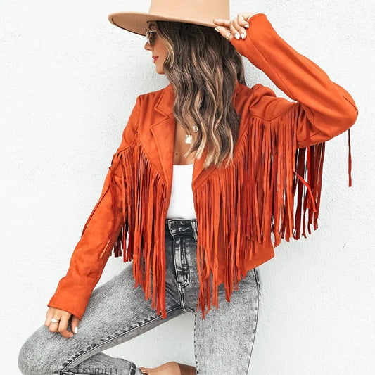 Women’s Tailored Jacket – Suede Look – Fringe Detail – Hip Length – Casual Fit