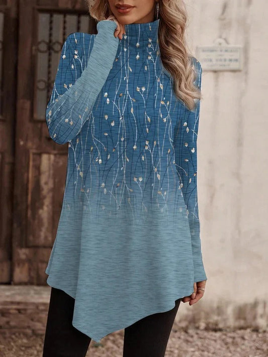 Women’s Tunic Blouse - Knit - Relaxed Fit - Stand Collar - Asymmetrical Hem