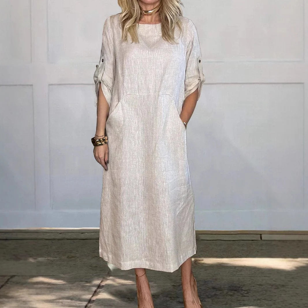 Women’s Midi Dress - Relaxed Flowing Silhouette - Roll-Tab Sleeves - Side Pockets