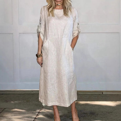 Women’s Midi Dress - Relaxed Flowing Silhouette - Roll-Tab Sleeves - Side Pockets