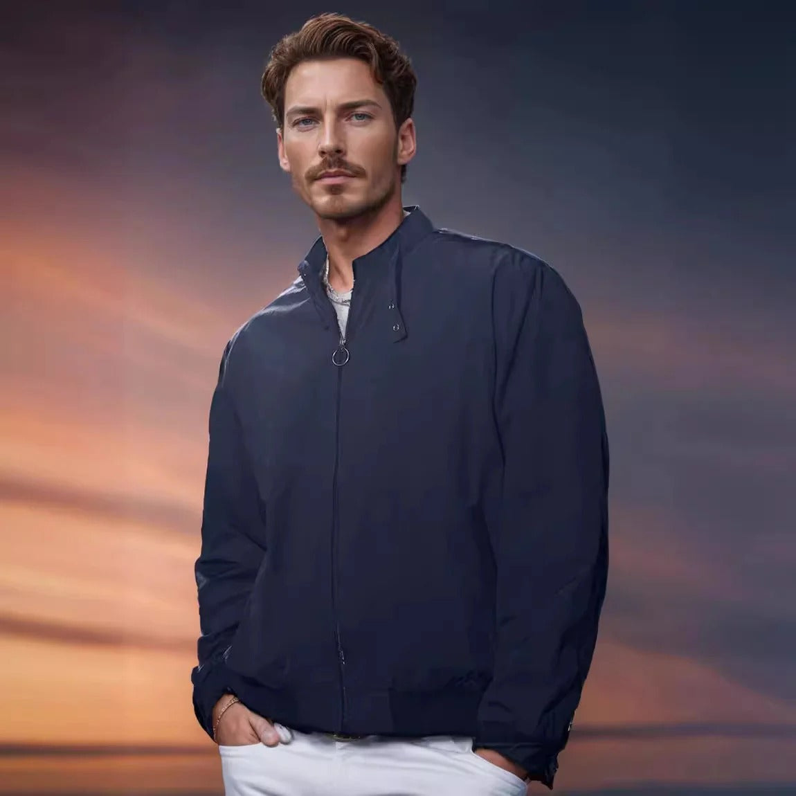 Men’s Bomber Jacket – Relaxed Fit – Lightweight – Smooth Texture – Zipper Closure – Stand Collar