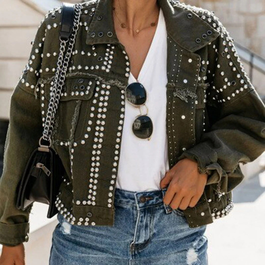 Women’s Cropped Jacket – Denim Look – Rivet Detail – Relaxed Fit – Casual Layering